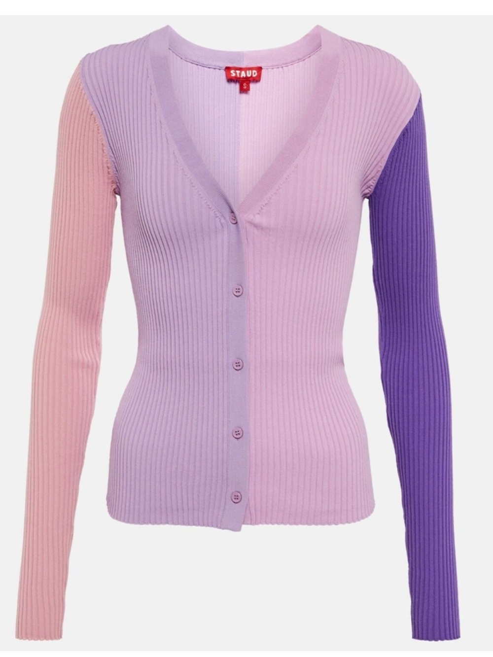 STAUD Ribbed V-Neck Colorblock Sweater in Lavender, Light Pink & Purple